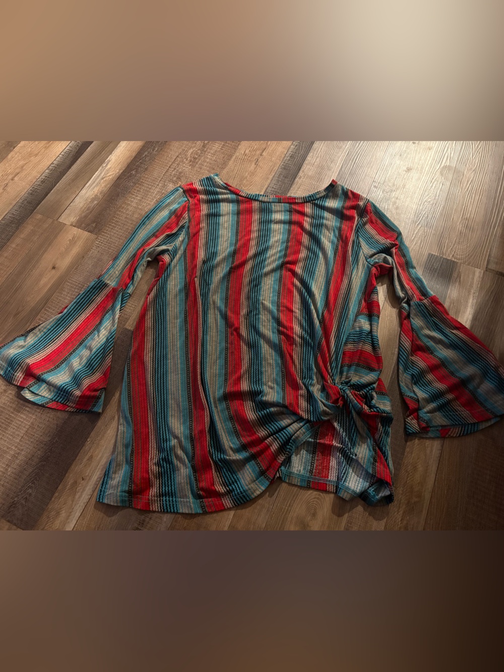 Crazy Train Striped Bell-Sleeve Top with Side Knot in Teal and Red